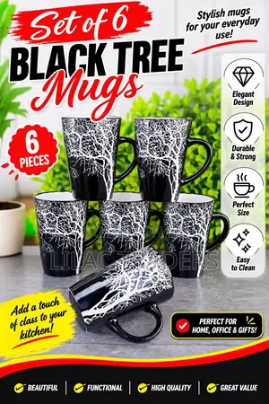 *A Set of 6 Black Tree Mugs Je