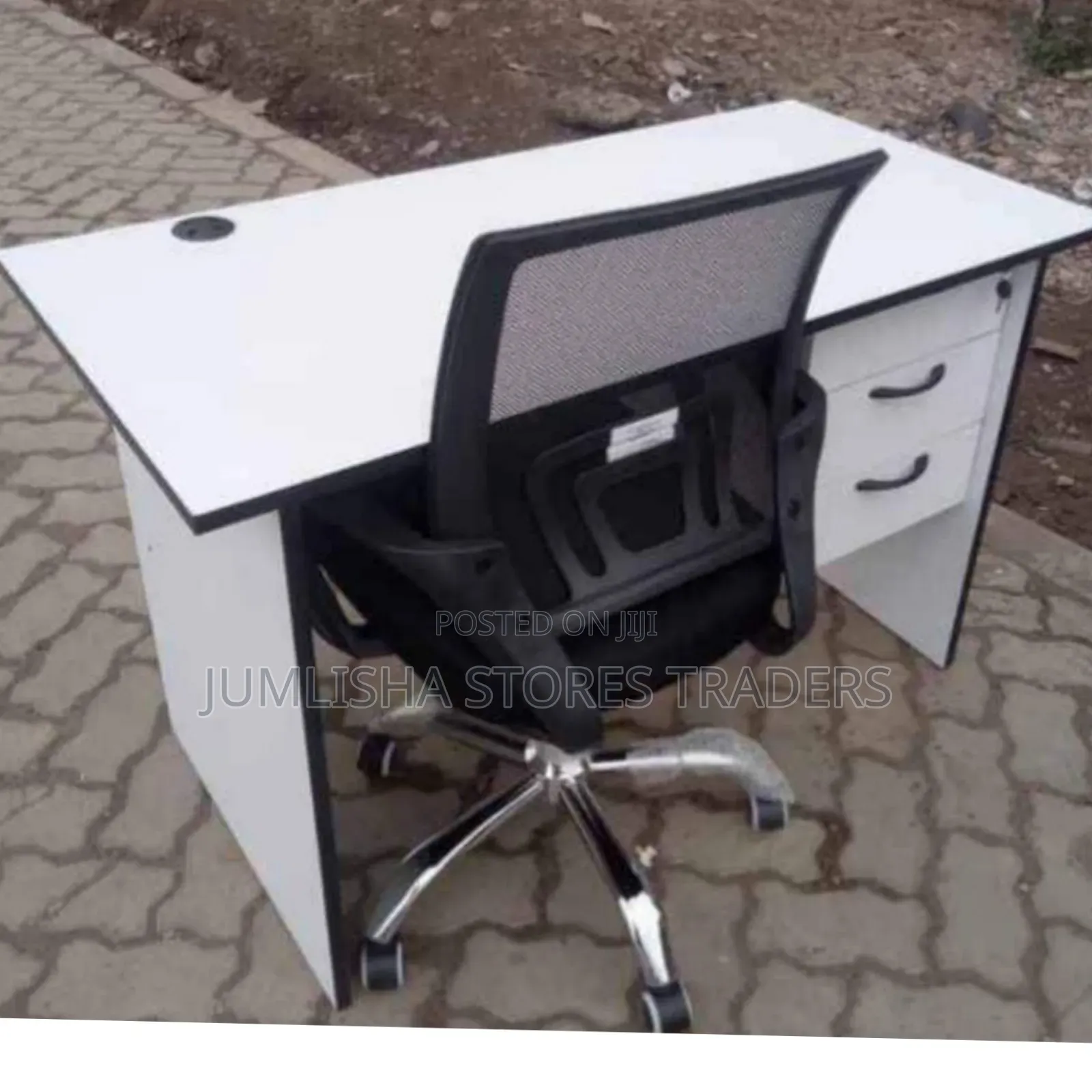 1M Office Desk(white) With Office Chair Without Headrest(black)