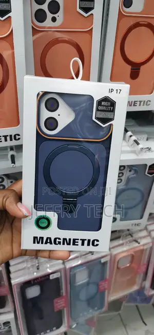 Blue Magnetic Case With a Built-in Ring and Camera Lens for iPhone 17
