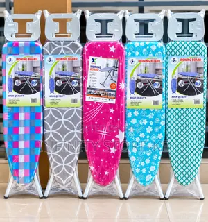 Metallic Foldable Ironing Boards With Patterned Fabric Covers.