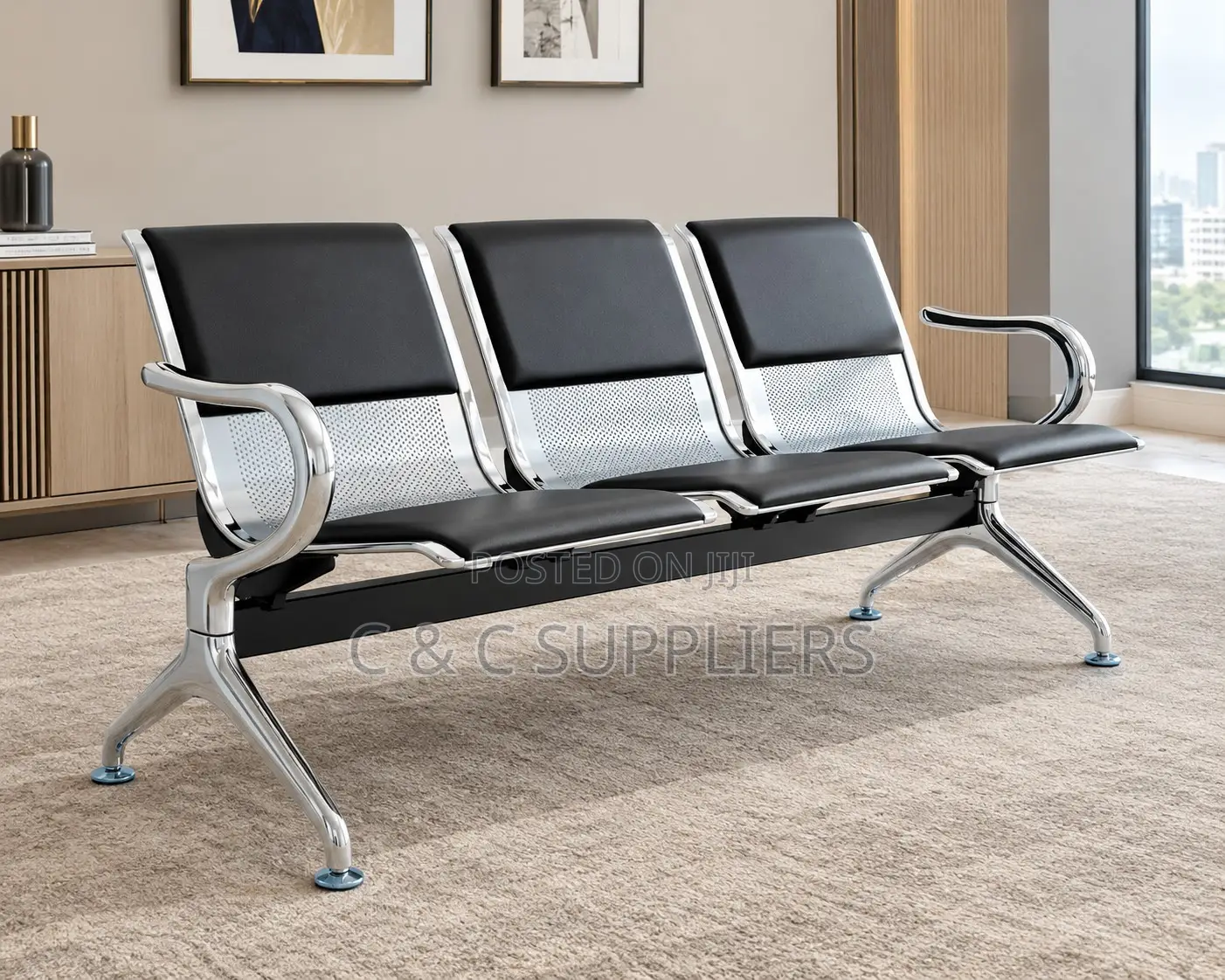 Black Padded Reception Bench With Armrest