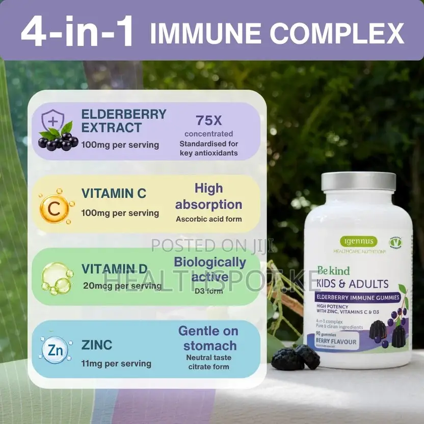 Igennus Elderberry Immune Gummies, Kids 4+, C, D3 & Zinc, 90