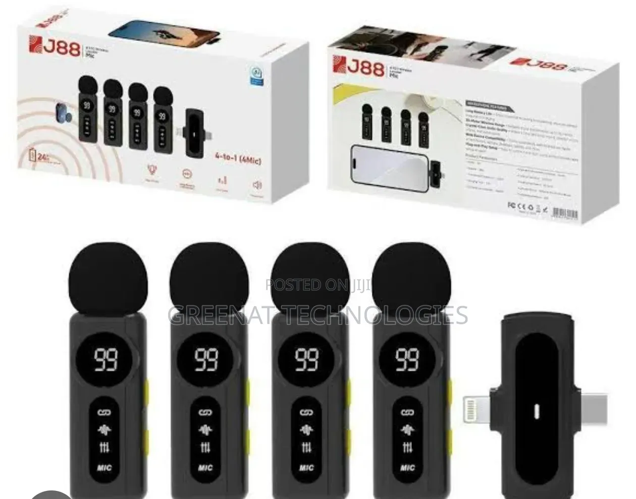 J88 Wireless Lavalier Microphone 4 Mics in 1 AI Noise Reduction 30M