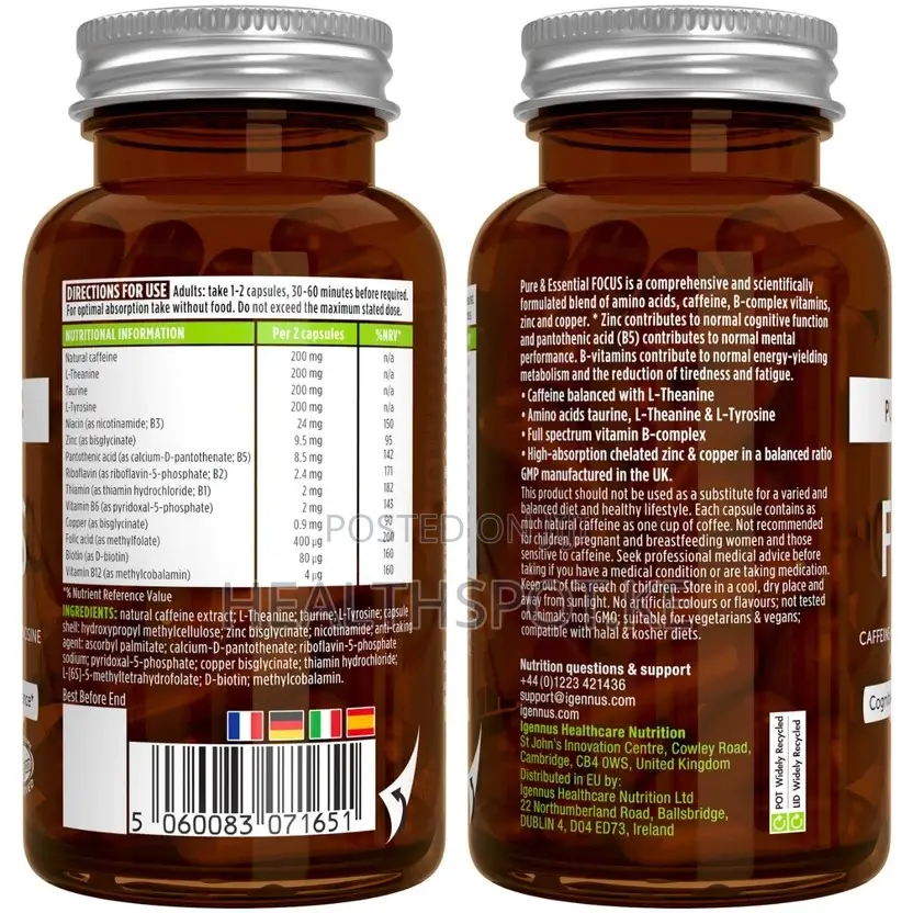 Igennus Focus – Caffeine, L-Theanine, Taurine & B Vitamins, 60 Caps