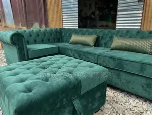 Modern Emerald Green L-Shape Sofa + Stool – 6 Seater