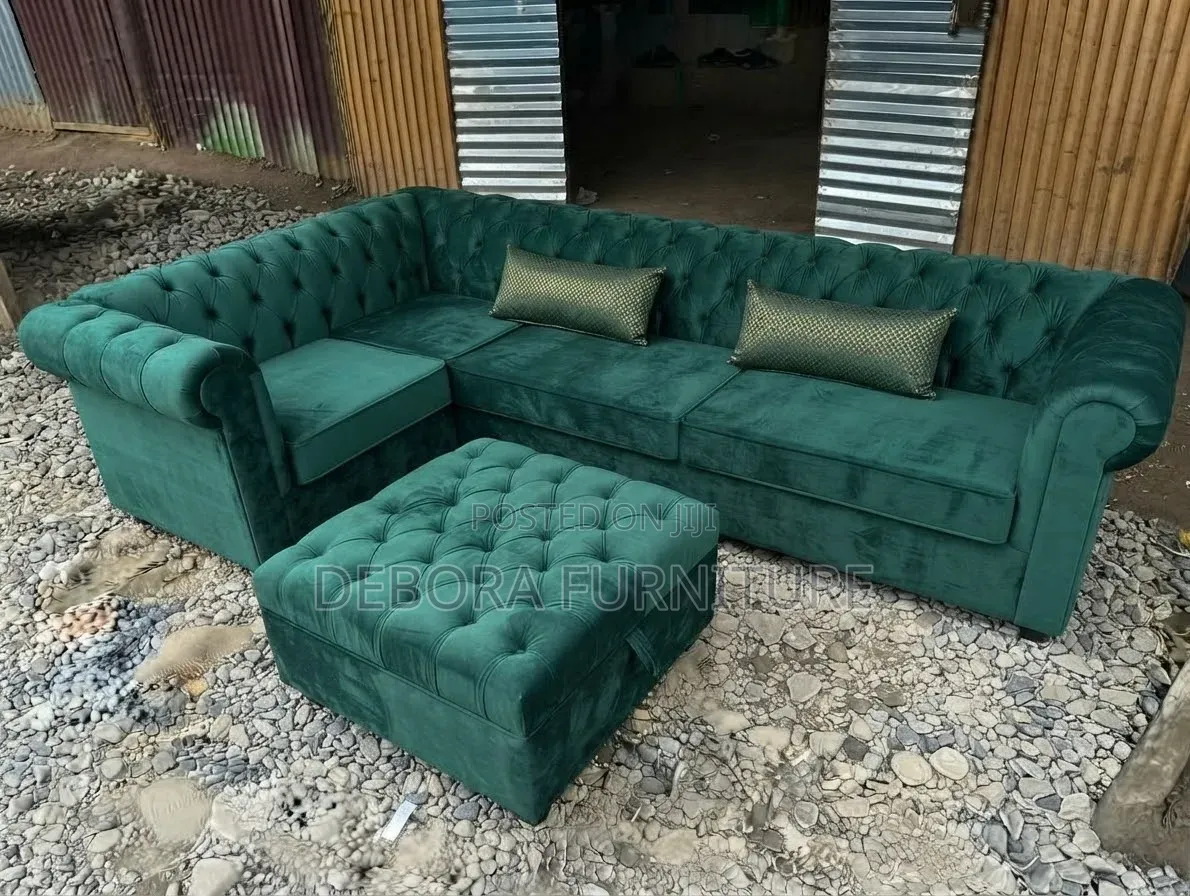 Modern Emerald Green L-Shape Sofa + Stool – 6 Seater