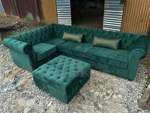 Modern Emerald Green L-Shape Sofa + Stool – 6 Seater