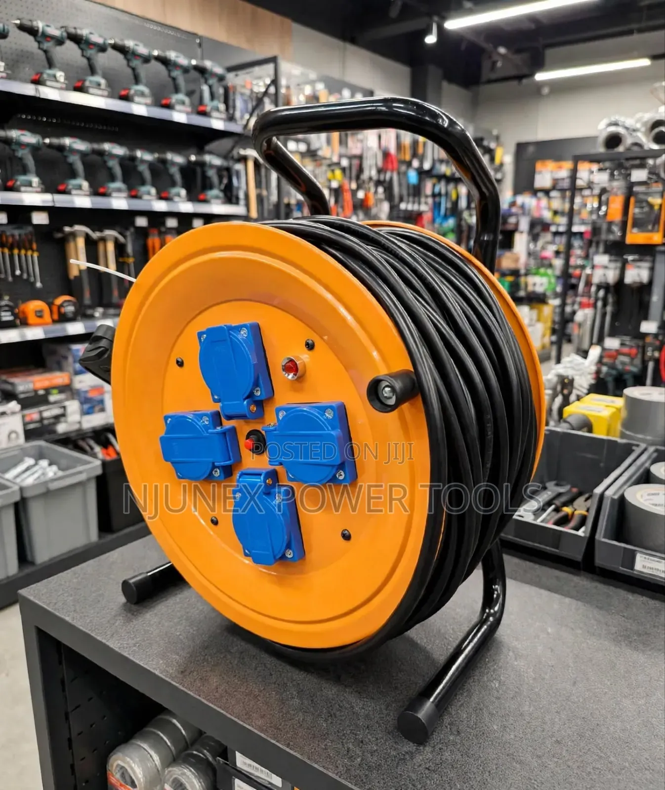 Heavy-Duty Portable Extension Cable Reel With 4 Blue Sockets