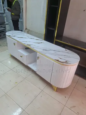 Luxury Modern Oval TV Stand - White & Gold Marble Finish