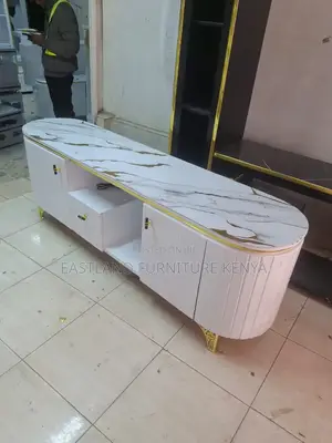 Luxury Modern Oval TV Stand - White & Gold Marble Finish