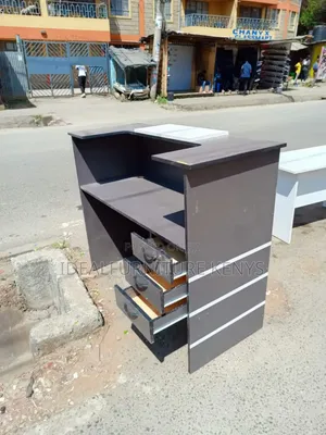 Modern L-Shaped Reception Counter Desk - Dark Grey With 3 Drawers