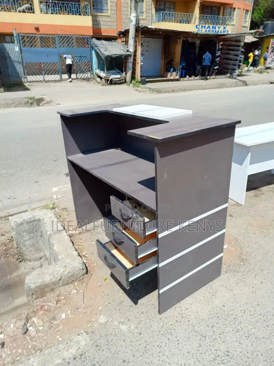 Modern L-Shaped Reception Counter Desk - Dark Grey With 3 Drawers