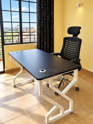 Modern Office Desk 1.2M - Black Top With White Metal Legs