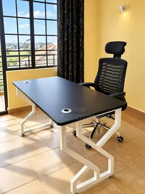 Modern Office Desk 1.2M - Black Top With White Metal Legs