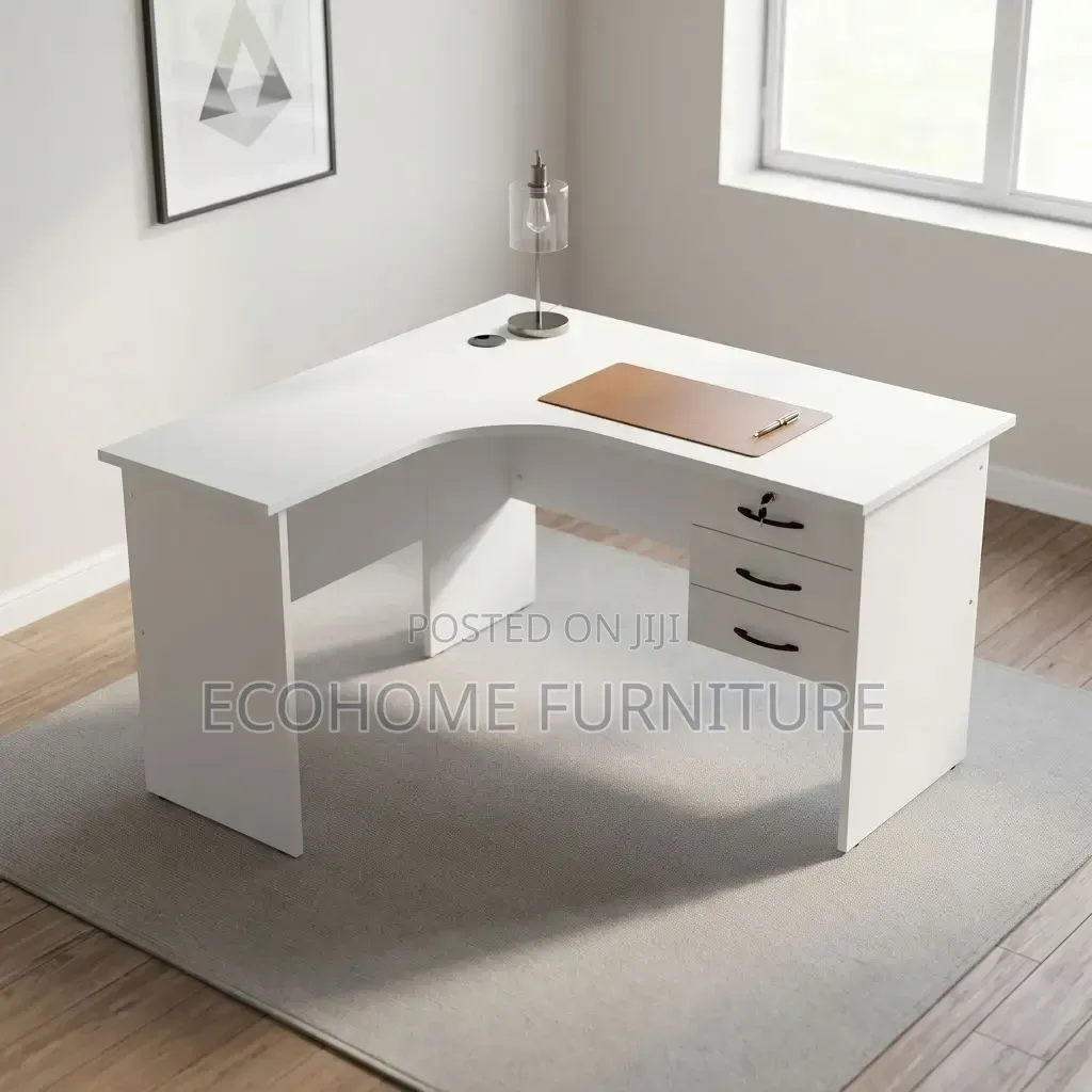 Office Desk – White Corner Workstation With Lockable Drawers