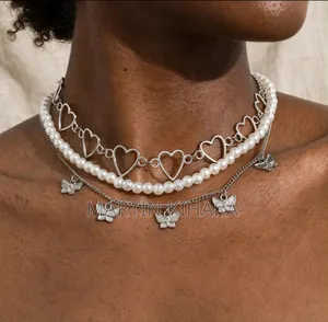 3-in-1 Layered Pearl Heart Butterfly Choker Necklace Set Silver