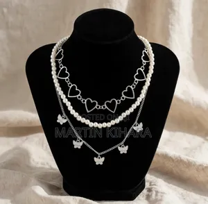 3-in-1 Layered Pearl Heart Butterfly Choker Necklace Set Silver