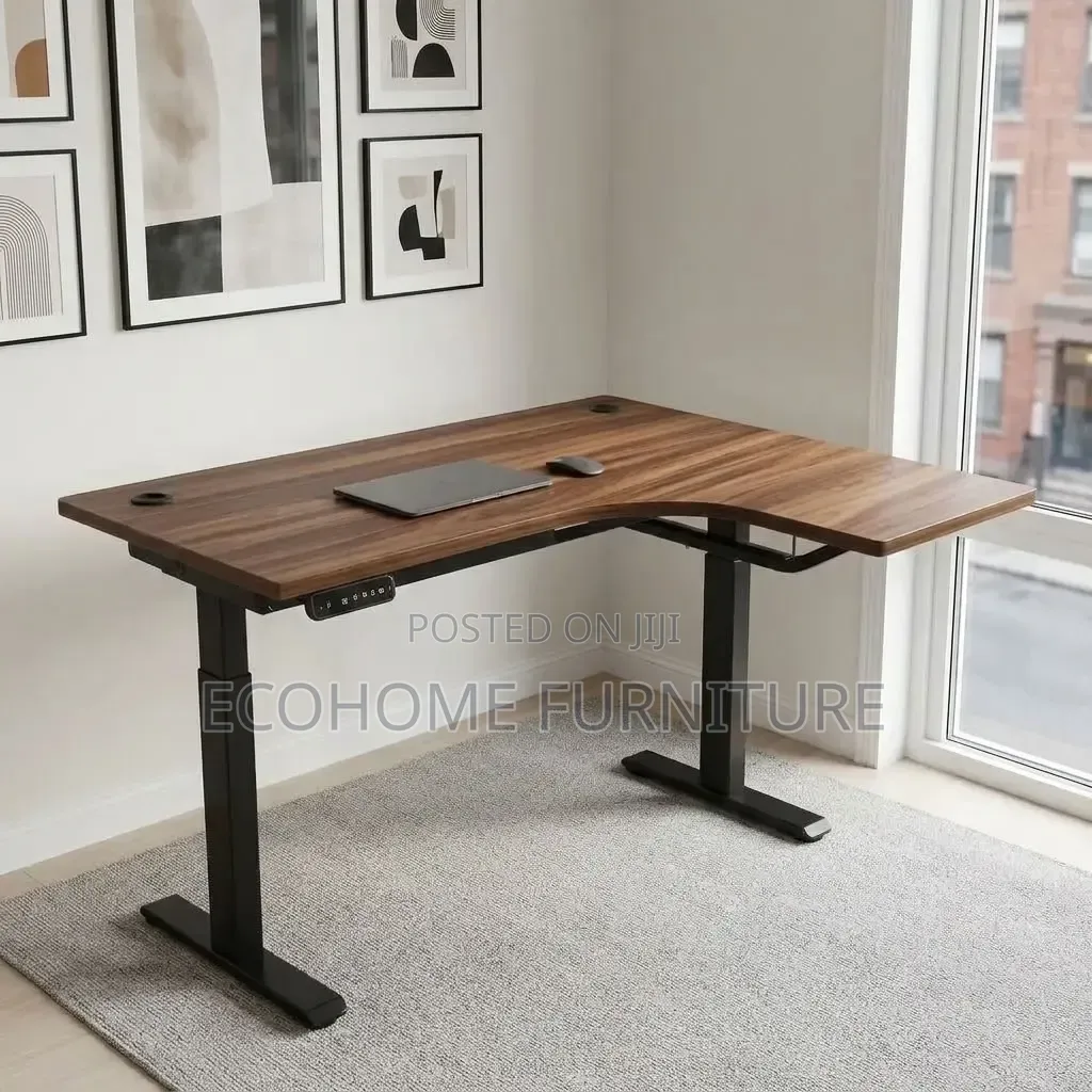L-Shaped Office Desk – Walnut Electric Standing Desk
