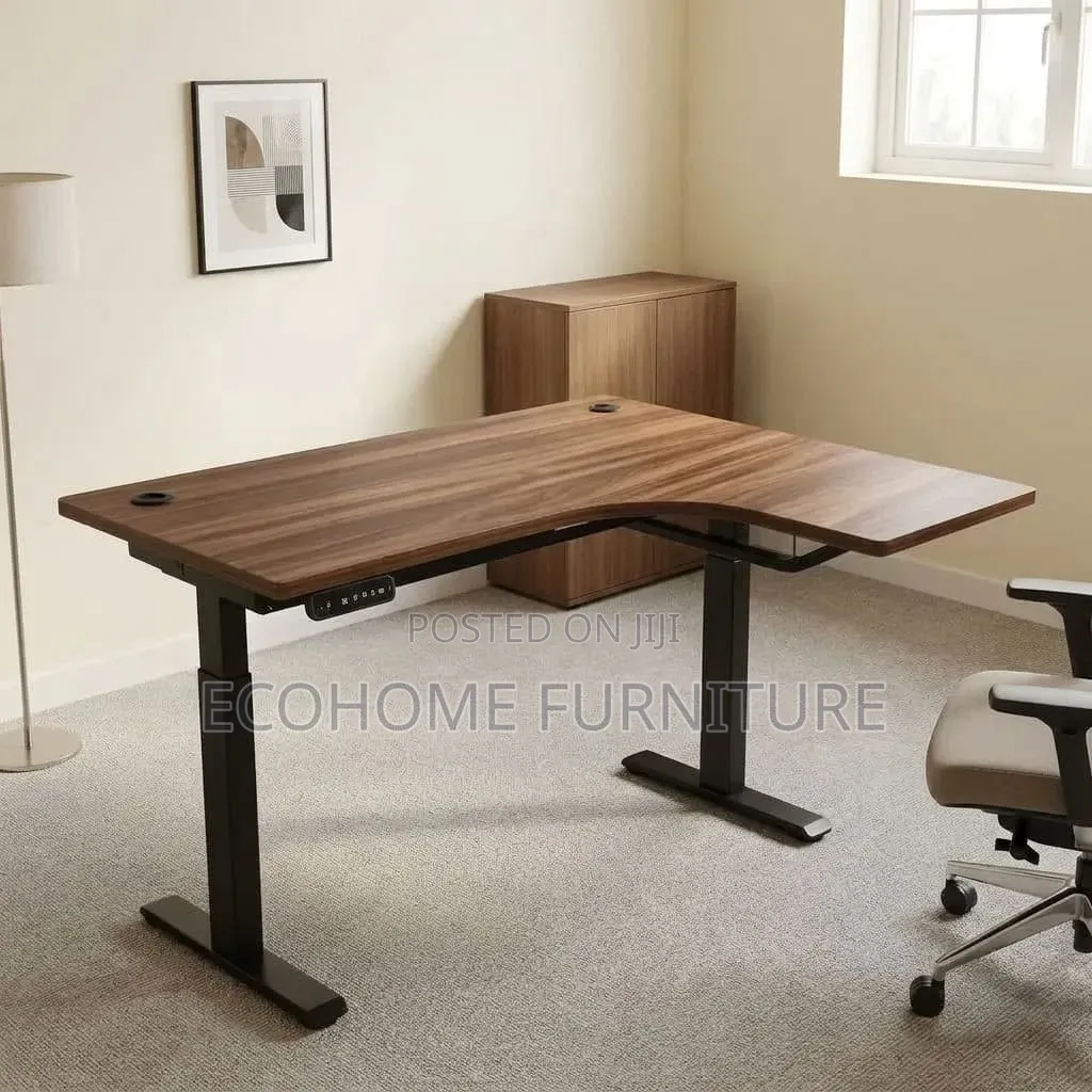 L-Shaped Office Desk – Walnut Electric Standing Desk