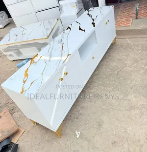 Modern TV Stand / TV Cabinet With Marble Top - White With Gold Legs