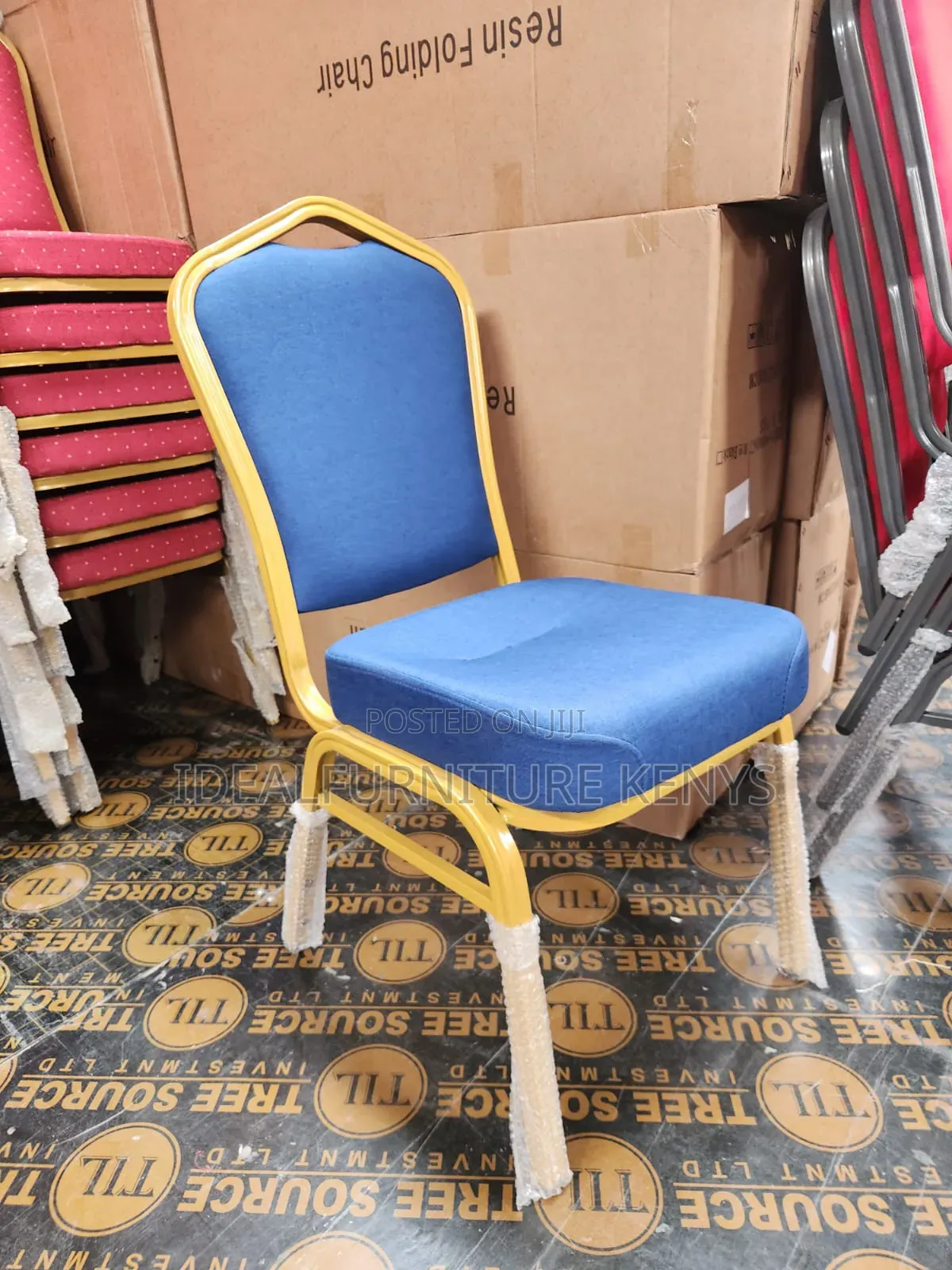 Banquet Chair / Conference Chair - Blue Fabric With Gold Frame