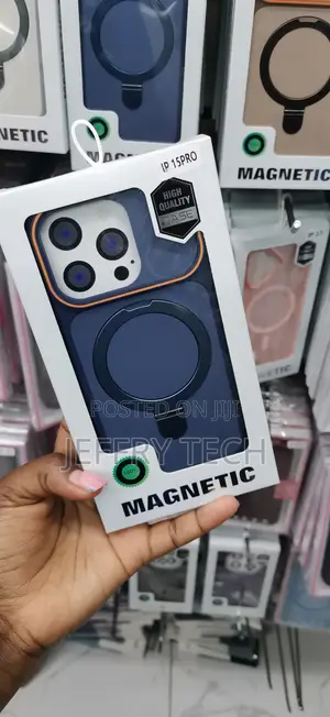 Blue Magnetic Case for iPhone 15 Pro Ametal Ring Stand and a Orange