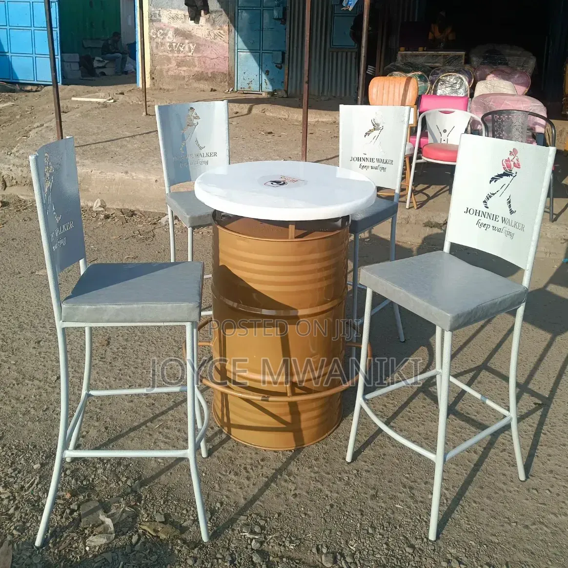 Custom Bar Drum Table With Laser Cut Powder Coated Bar Chairs