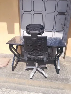 Metallic Table and Strong Mesh Headrest Chair