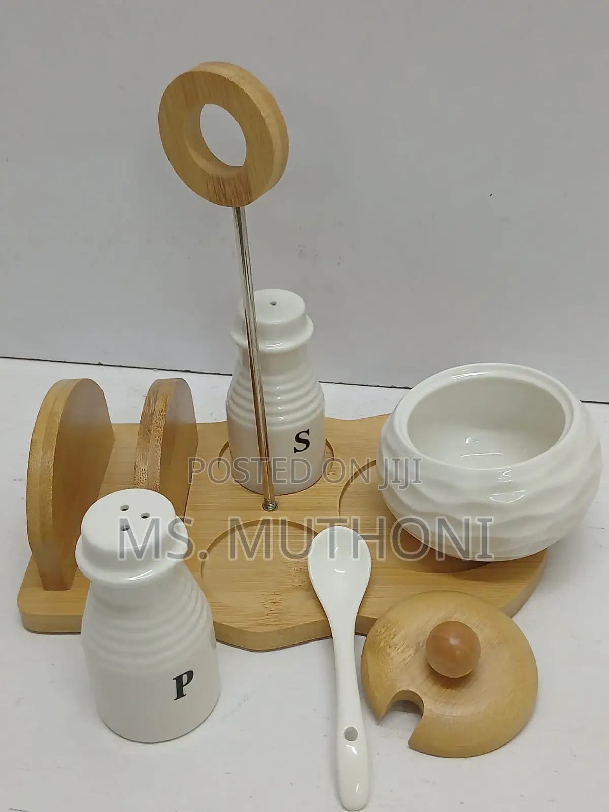 Ceramic Condiment Set & Napkin Holder With Bamboo Stand