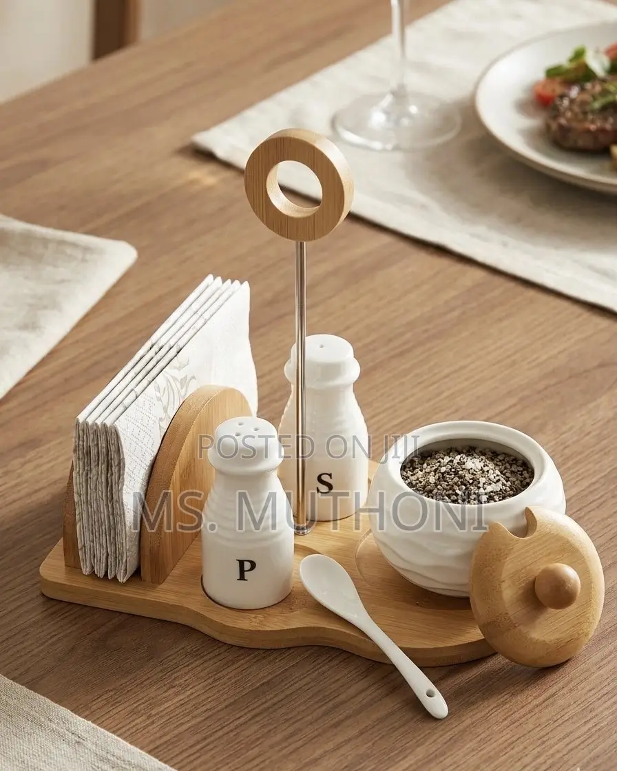 Ceramic Condiment Set & Napkin Holder With Bamboo Stand