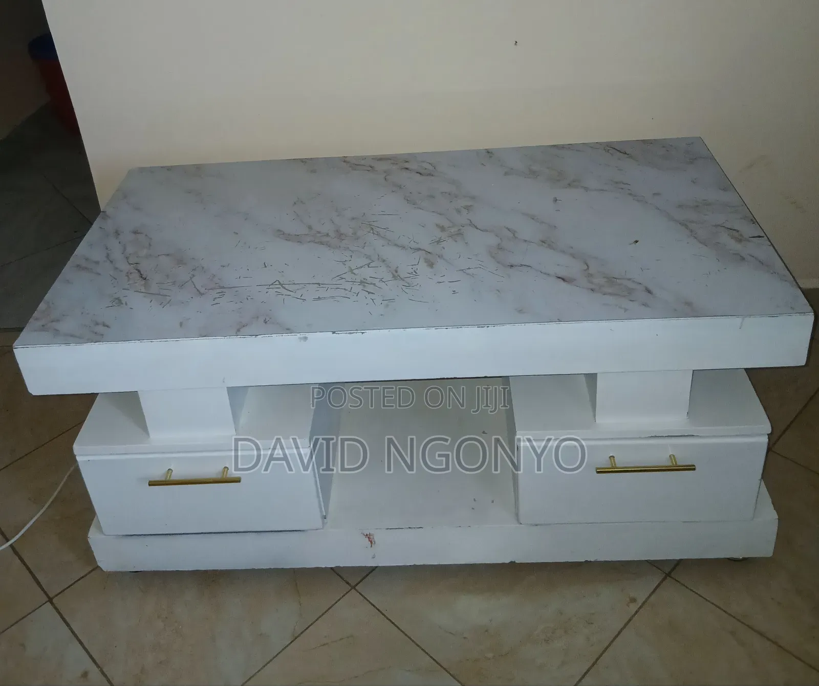 Modern White Table With 2 Drawers – Marble Top