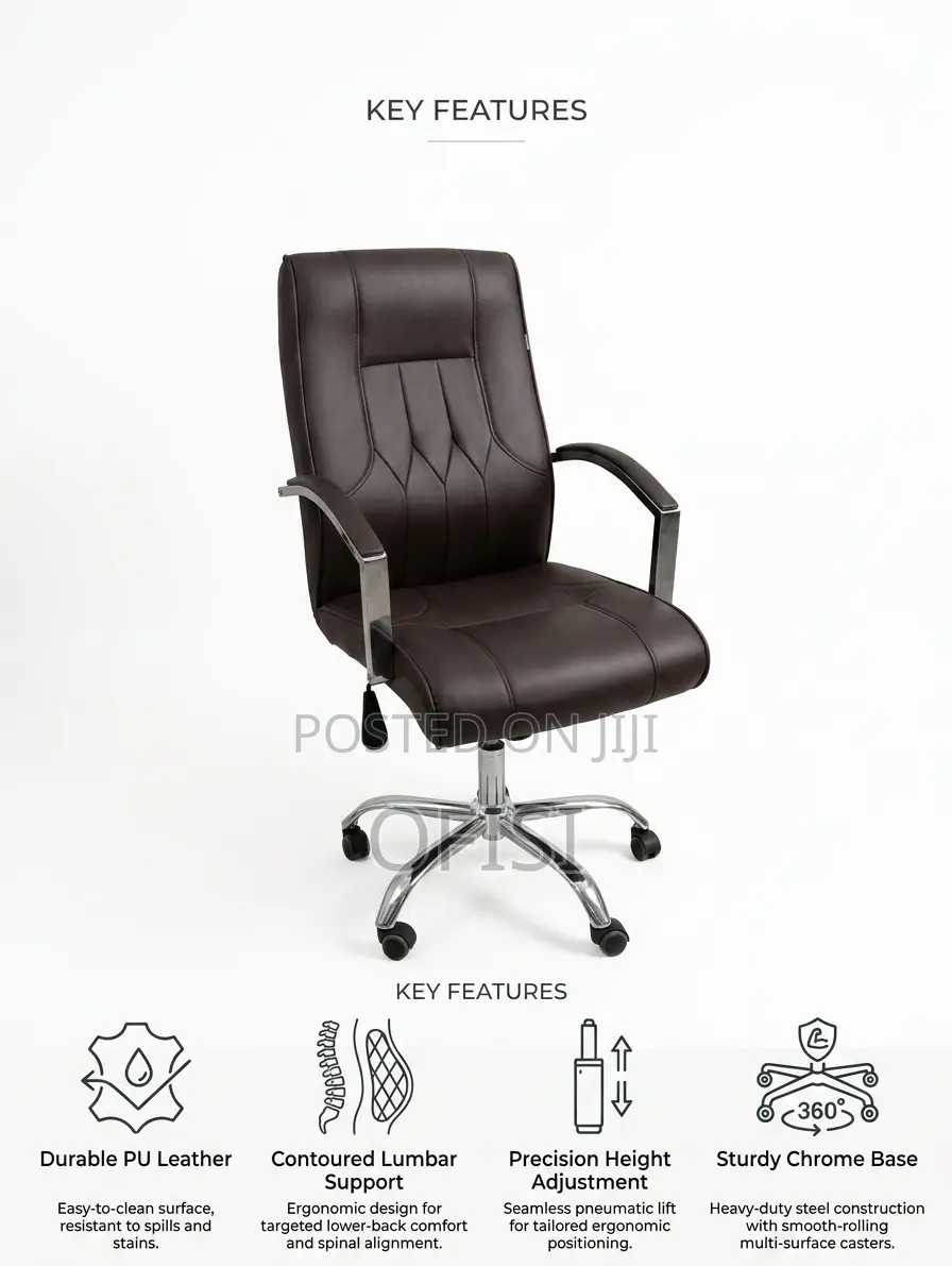 Office Chair; Brown Leather Ergonomic Office Chair