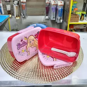 Kids Cartoon Themed Snack Box / Lunch Box - With Fork + Spoon -PINK
