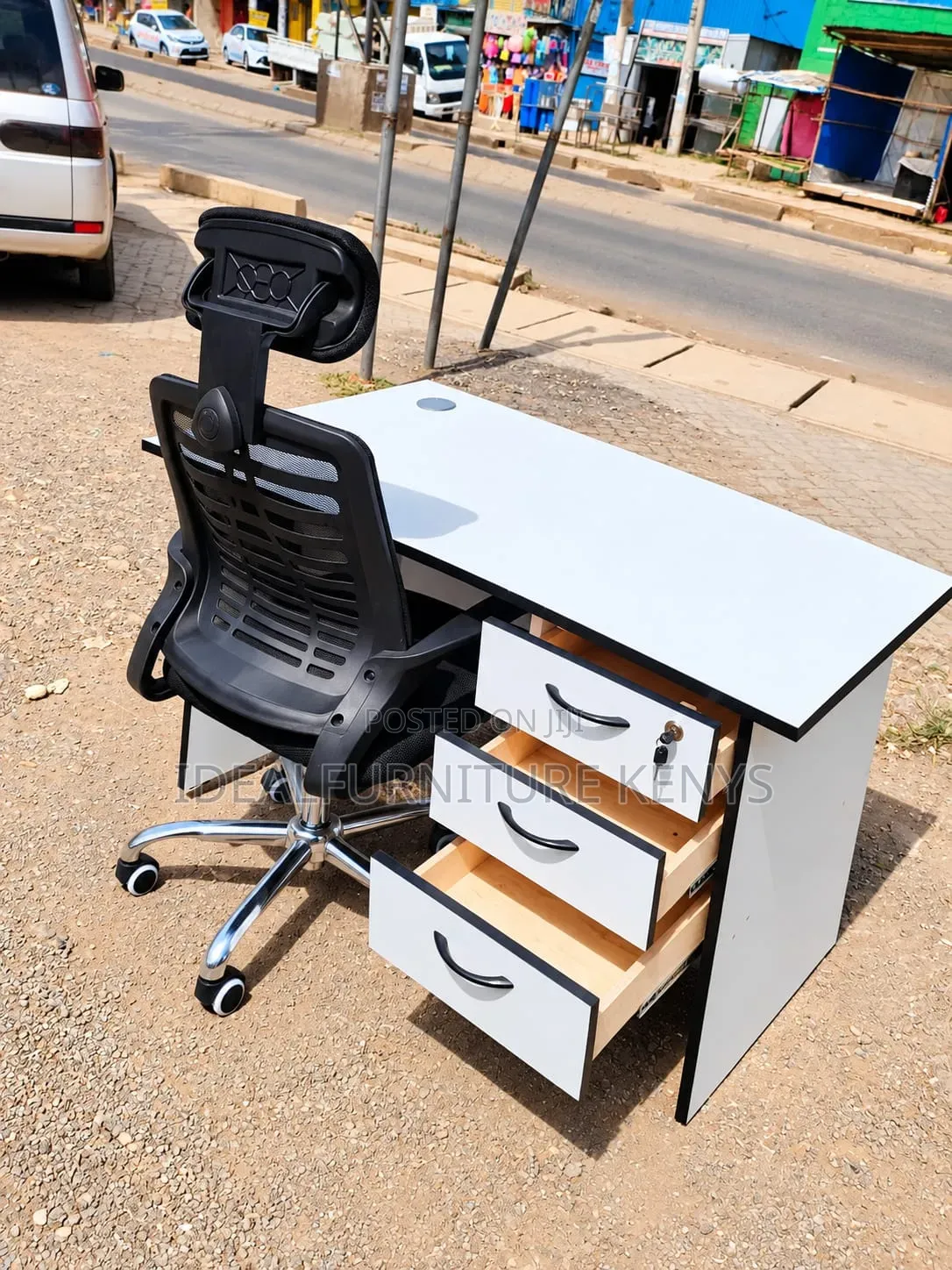 Modern White Office Desk With 3 Lockable Drawers and Ergonomic Mesh