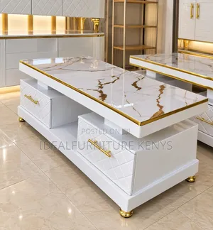 Coffee Table With Gold Accents, Marble-Effect Top & Storage Drawers
