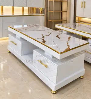 Coffee Table With Gold Accents, Marble-Effect Top & Storage Drawers