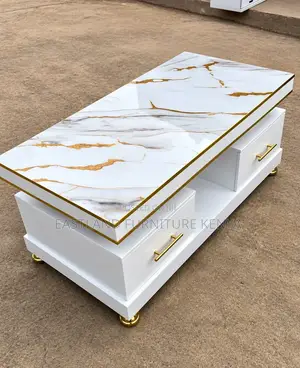 Luxury White Marble-Effect Coffee Table With Gold Accents & Storage