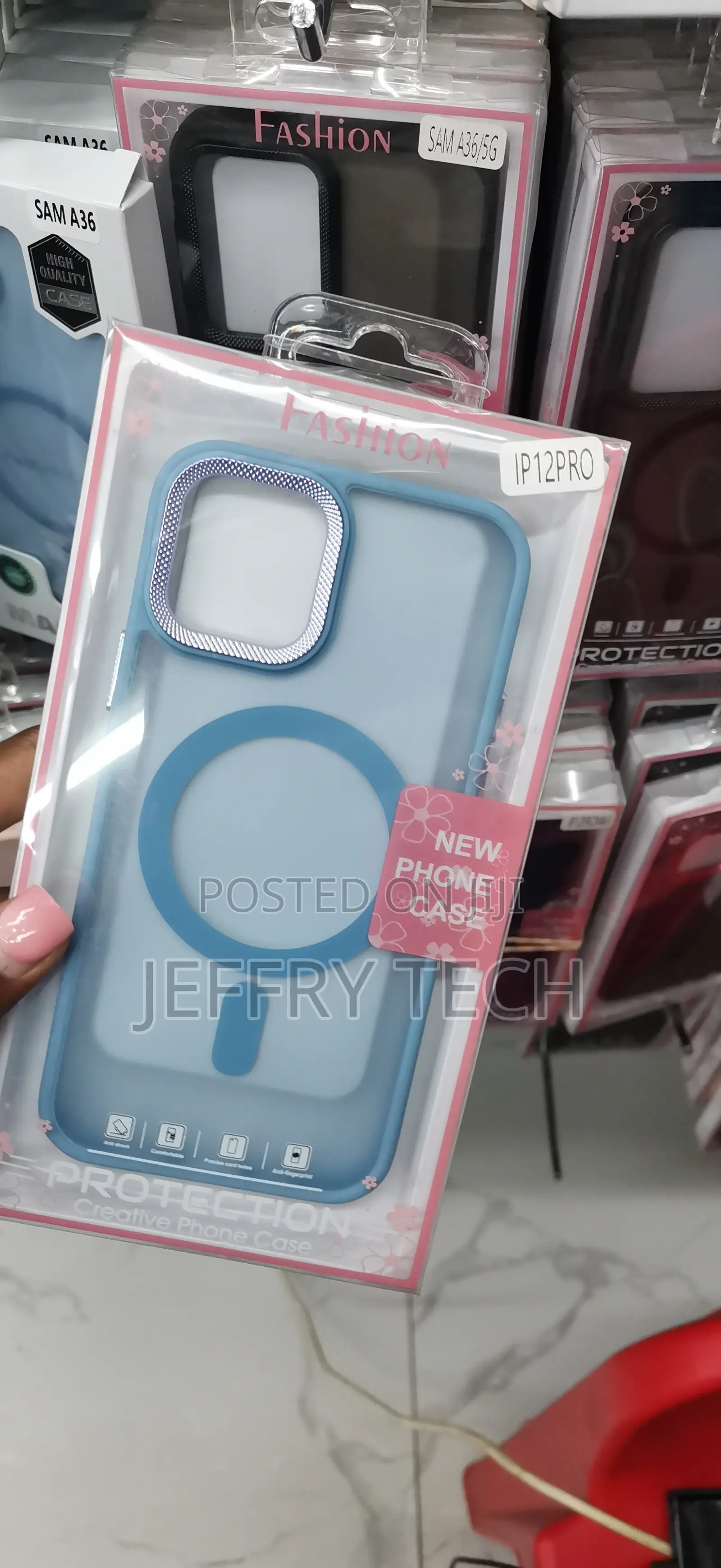 Light Blue Translucent MagSafe Case Camera Ring for iPhone 12 Pro.