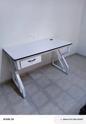 Office Desk With Geometric Metal Legs White Computer Table With Drawer