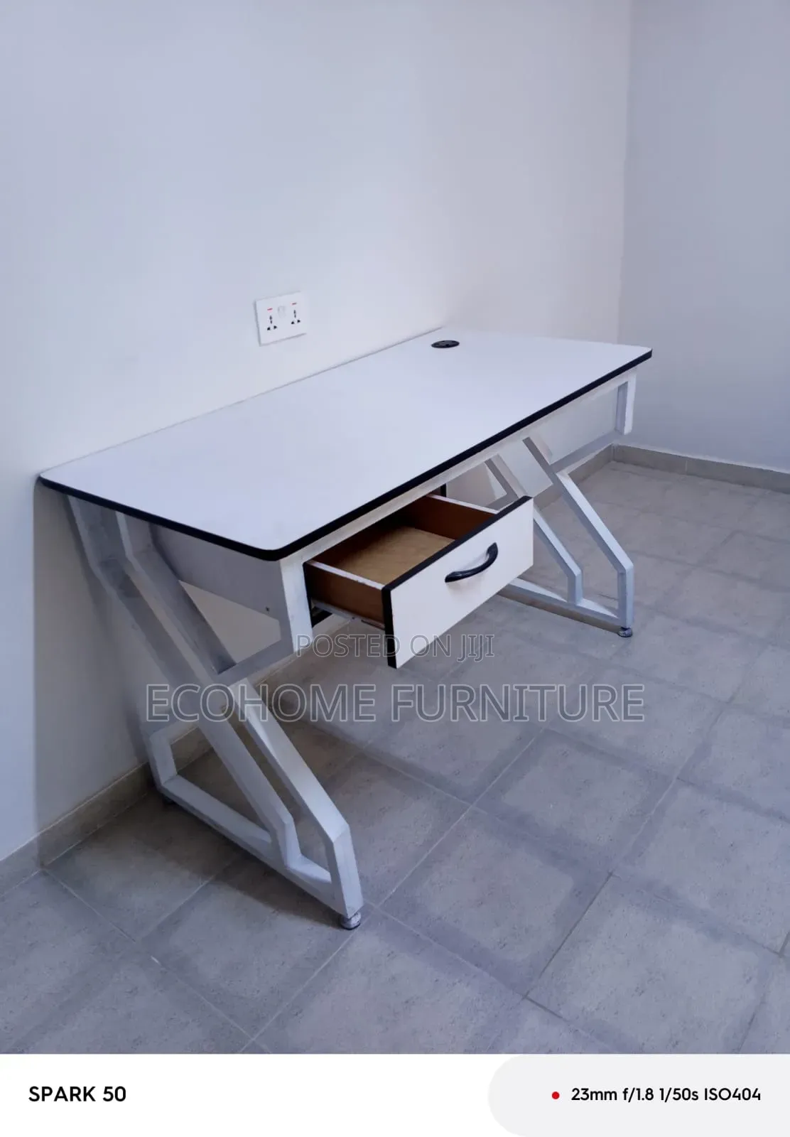 Office Desk With Geometric Metal Legs White Computer Table With Drawer