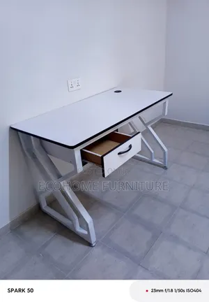 Office Desk With Geometric Metal Legs White Computer Table With Drawer
