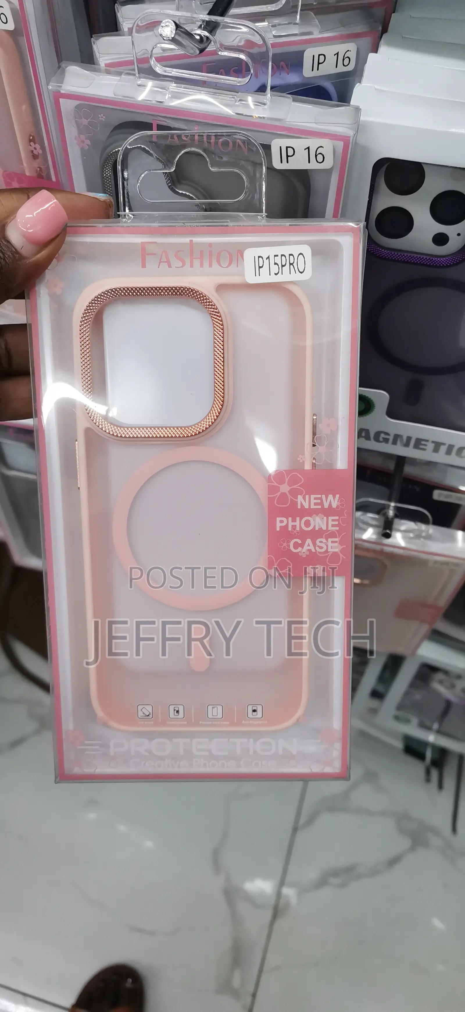 Pink Matte iPhone 15 Pro Case a Rose-Gold Metallic Camera Frame