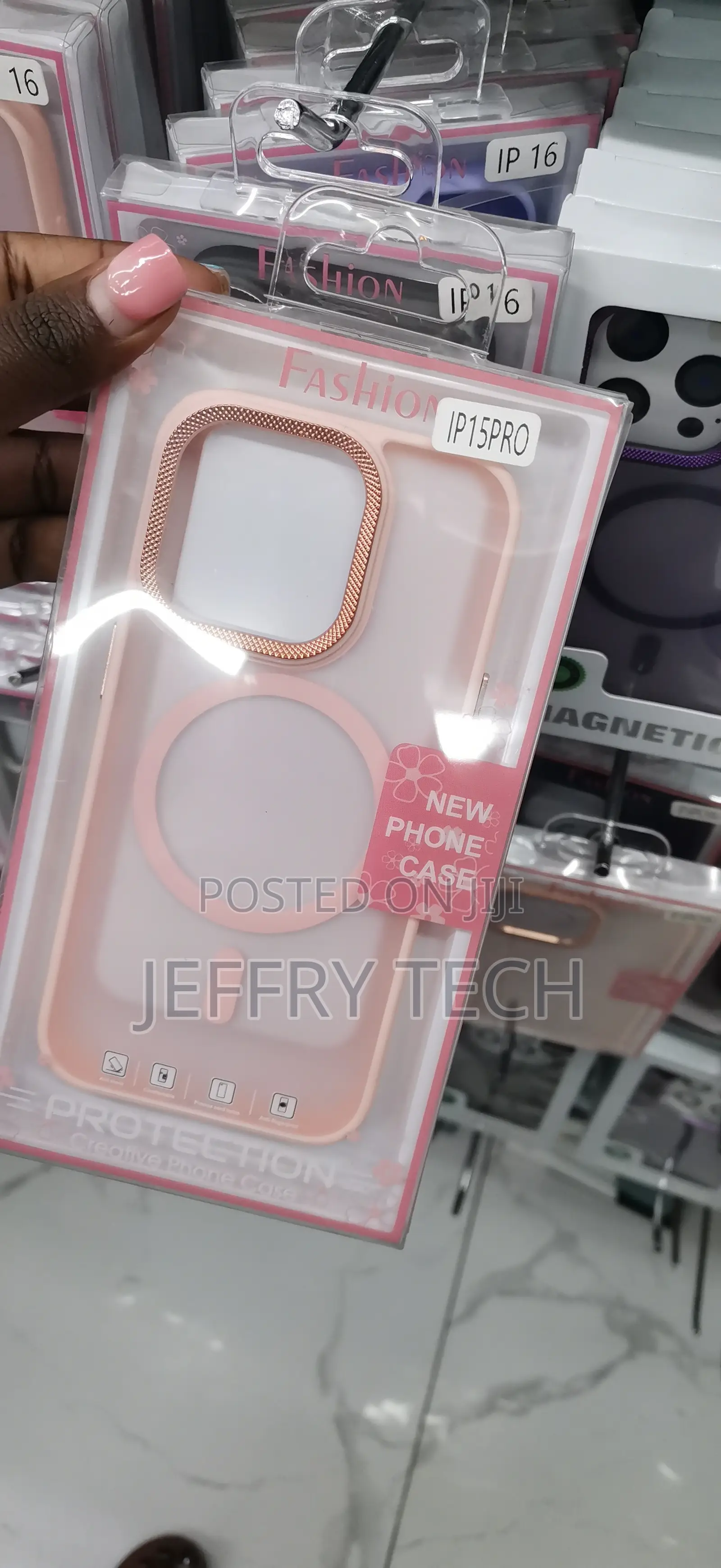 Pink Matte iPhone 15 Pro Case a Rose-Gold Metallic Camera Frame