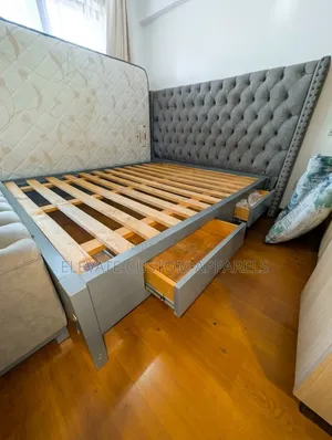 Premium Upholstered 6 by 6 Bed Frame, Under-Bed Storage & Mattress