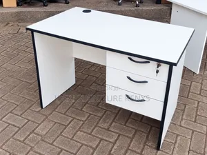 White Computer Desk With 3 Lockable Drawers & Cable Port.