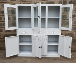 White Metal Office Storage Cabinet With Glass Doors