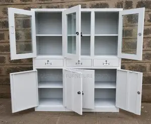 White Metal Office Storage Cabinet With Glass Doors