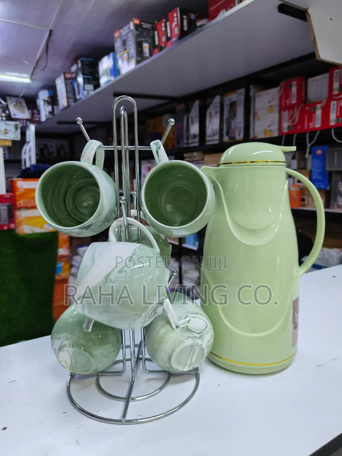 7pc Green Breakfast Set | 1L Flask + 6 Mugs | Complete