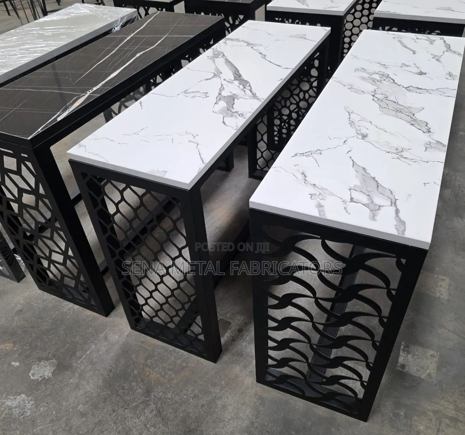 Black Laser-Cut Console Table With Laser-Cut Frame.