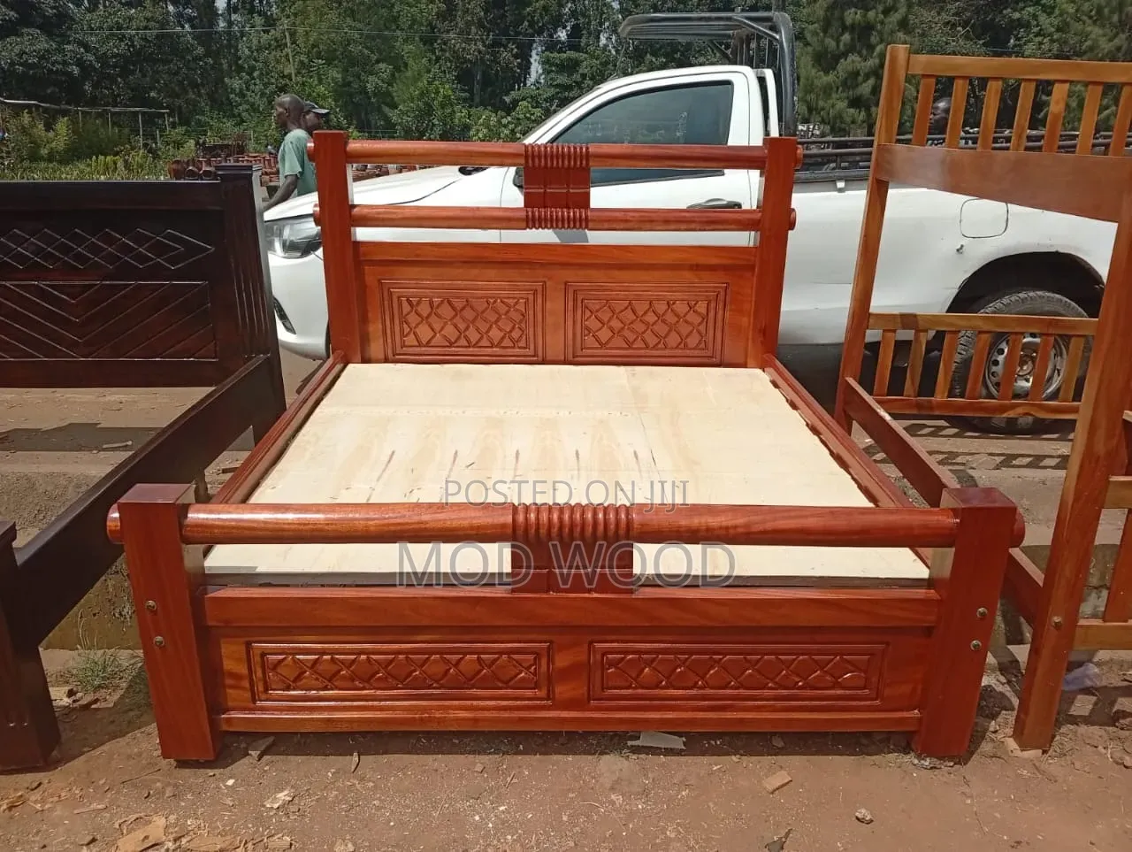 Handcrafted Solid Wood Bed Frame With Carved Panels